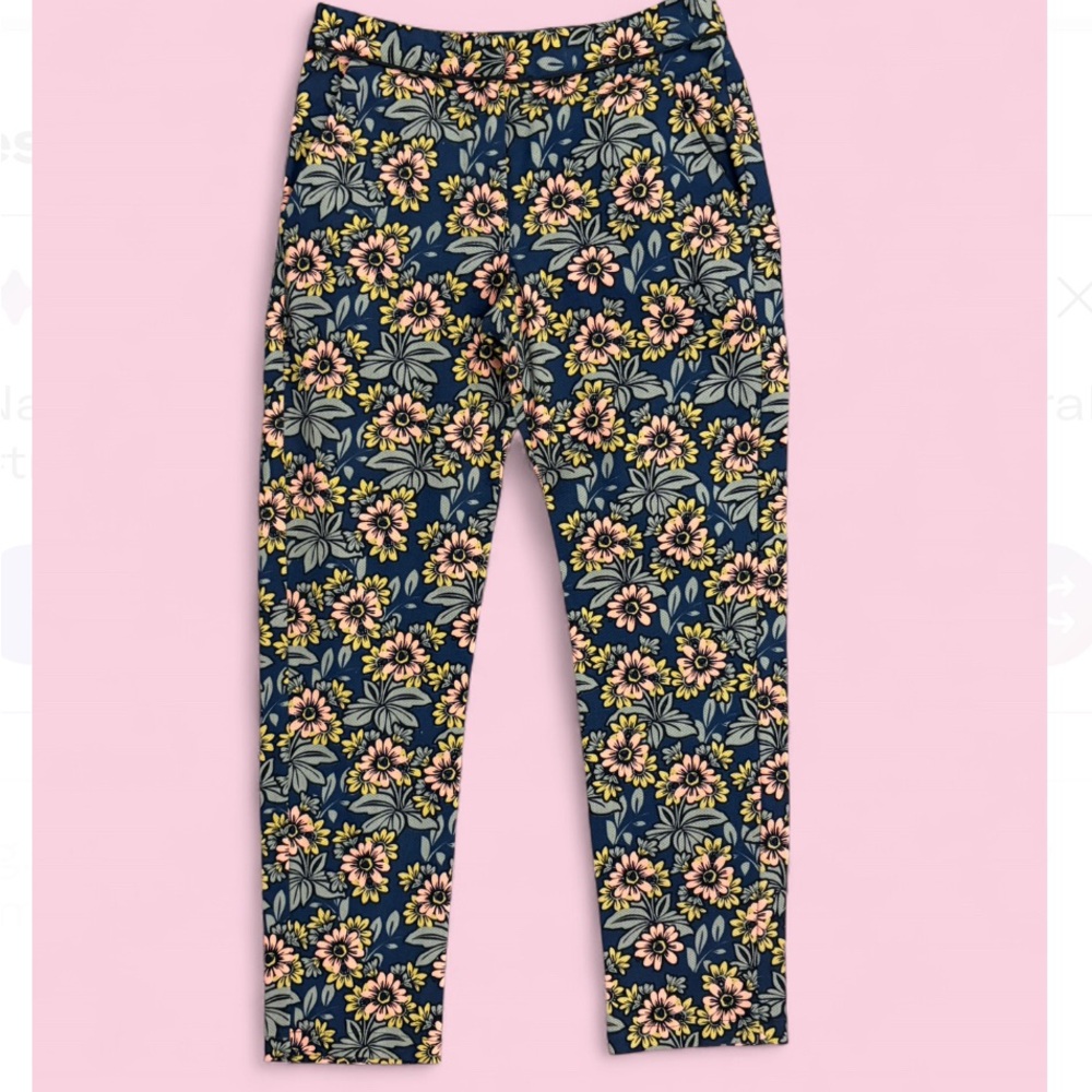 Navy Blue Floral Print Pants Women’s 4 Ankle Crop Trousers Preppy Workwear NWT
